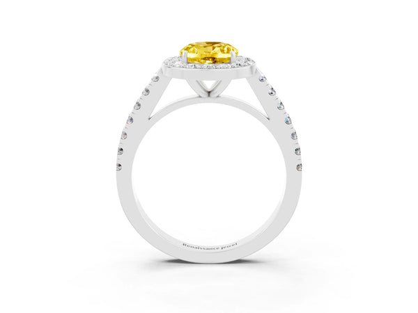 Silver Oval Cut Yellow Sapphire Halo Ring with Round Pavé Split Shank and Prong Setting