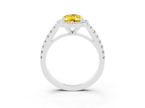 White gold Oval Cut Halo Diamond Ring with Pavé Band and Three-Prong Setting_3