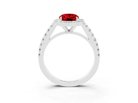 White gold Oval Cut Halo Diamond Ring with Pavé Band and Three-Prong Setting_3