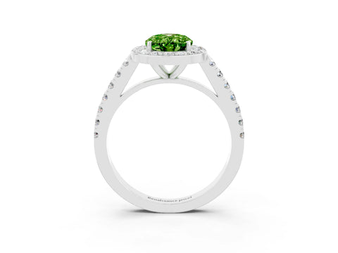 White gold Oval Cut Halo Diamond Ring with Pavé Band and Three-Prong Setting_3