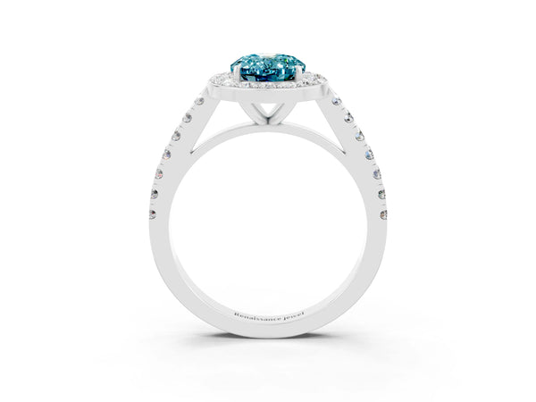 White gold Oval Cut Halo Diamond Ring with Pavé Band and Three-Prong Setting