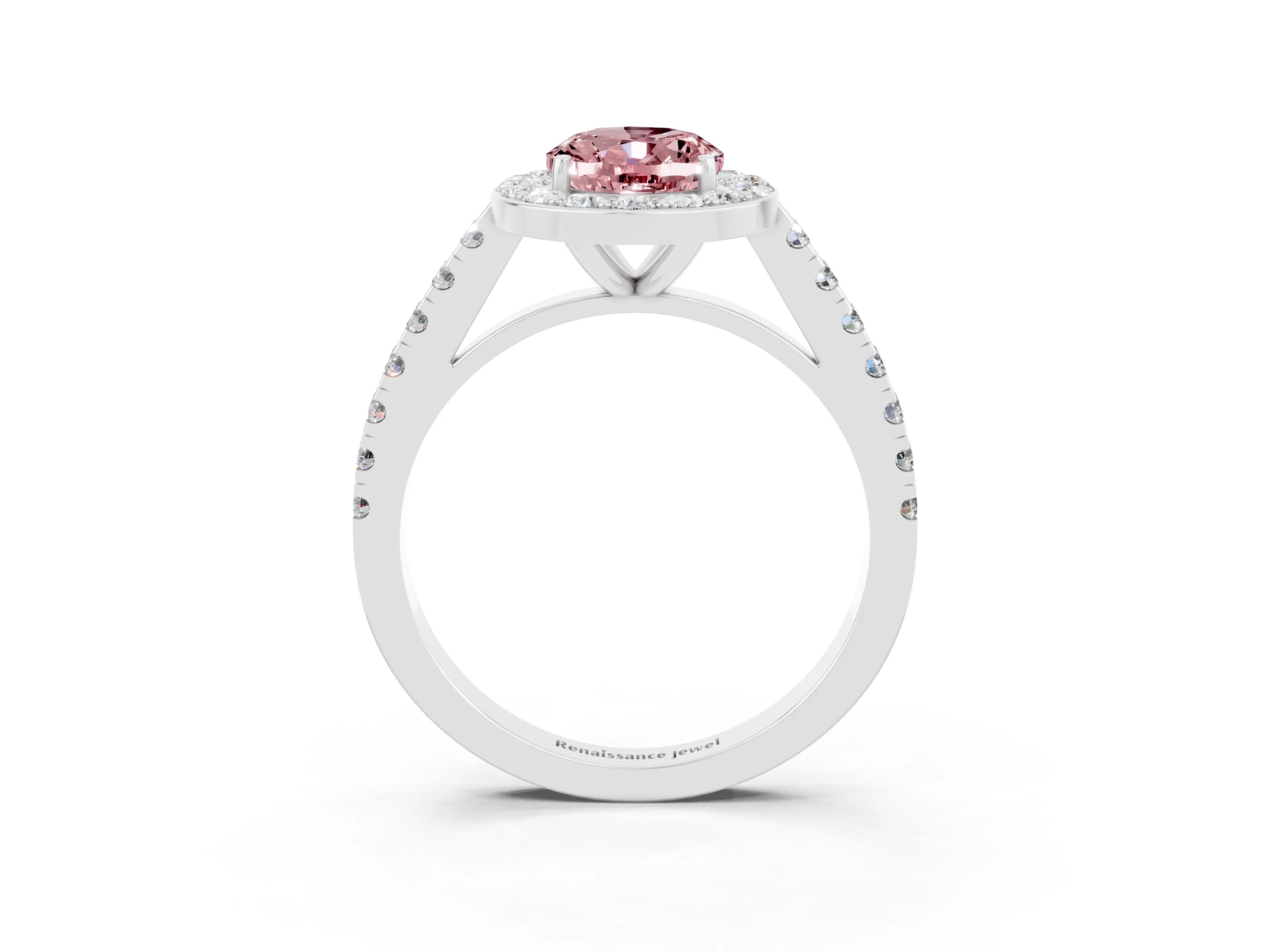 White gold Oval Cut Halo Diamond Ring with Pavé Band and Three-Prong Setting_3