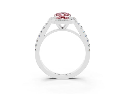 White gold Oval Cut Halo Diamond Ring with Pavé Band and Three-Prong Setting_3