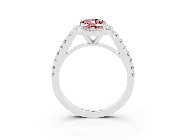 Platinum Oval Cut Halo Diamond Ring with Pavé Band and Three-Prong Setting