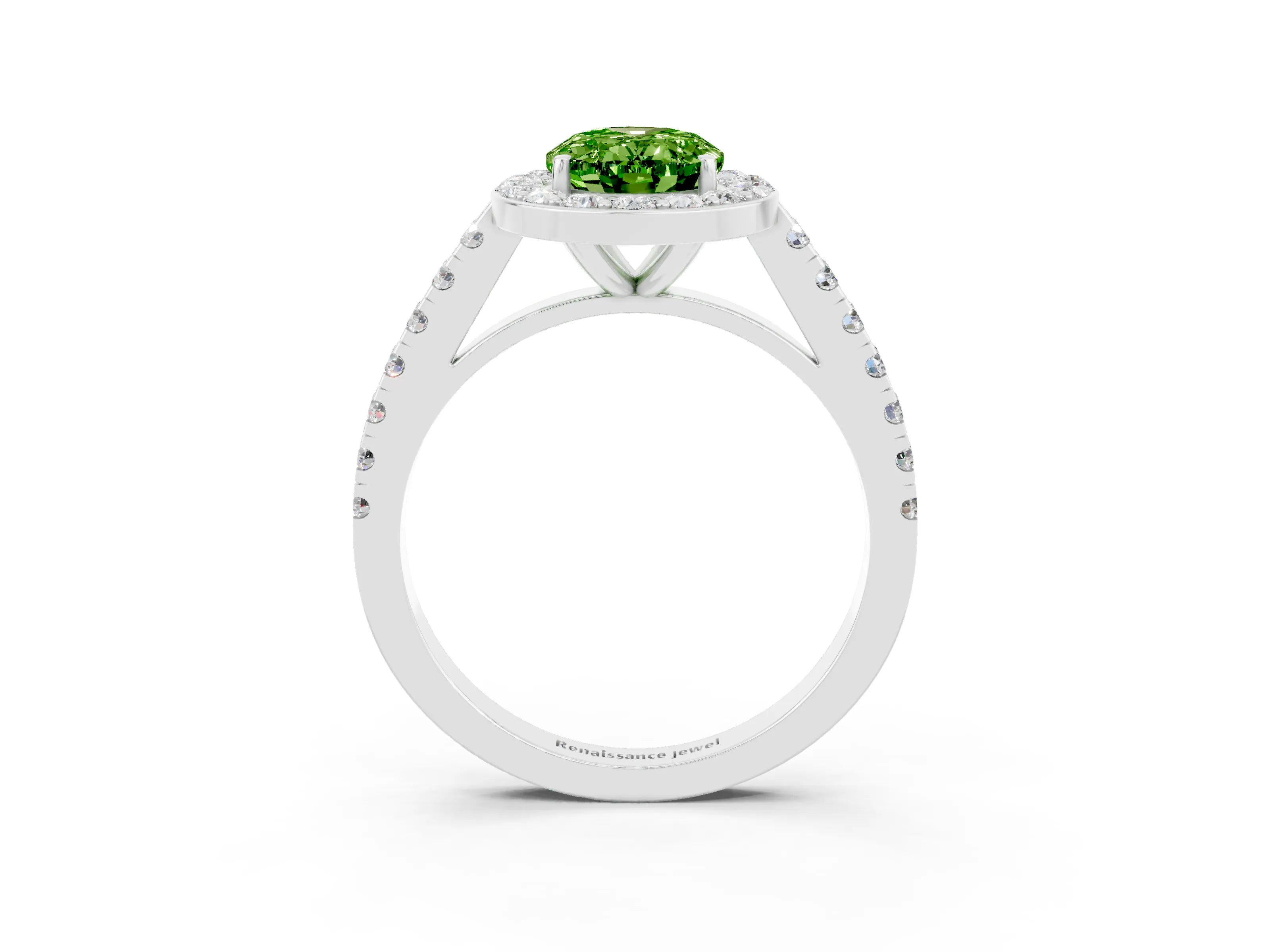 White gold Oval Cut Halo Diamond Ring with Pavé Band and Three-Prong Setting_3