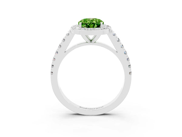 White gold Oval Cut Halo Diamond Ring with Pavé Band and Three-Prong Setting
