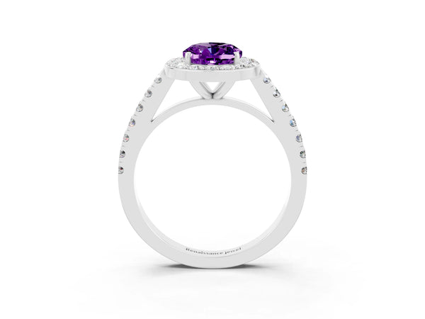 Silver Oval Cut Amethyst Halo Ring with Round Pavé Split Shank and Prong Setting