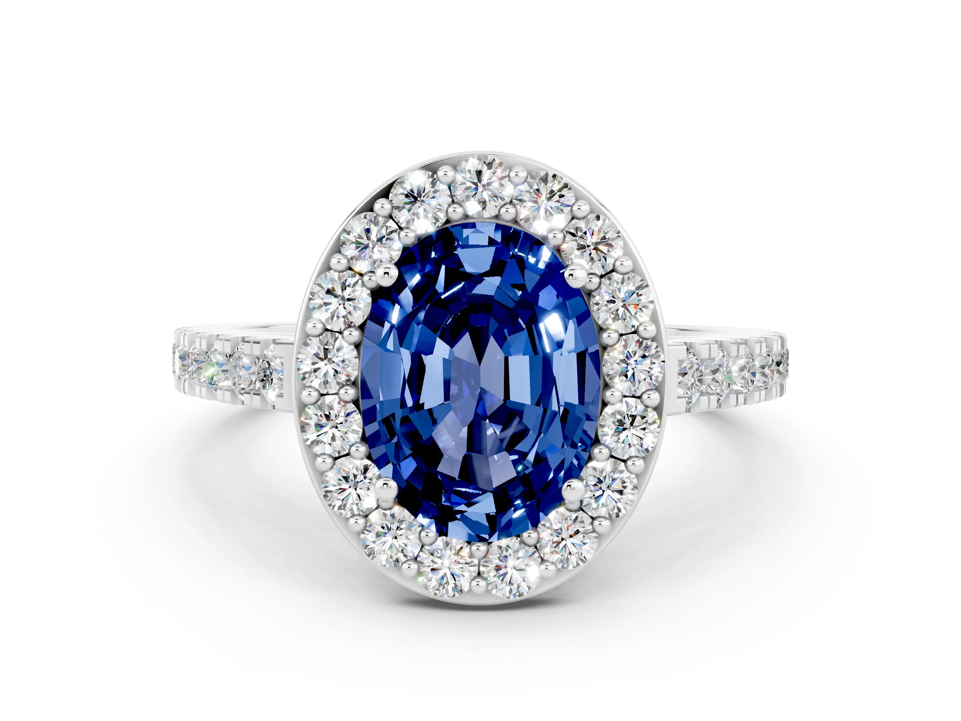White gold Oval Cut Halo Diamond Ring with Pavé Band and Three-Prong Setting