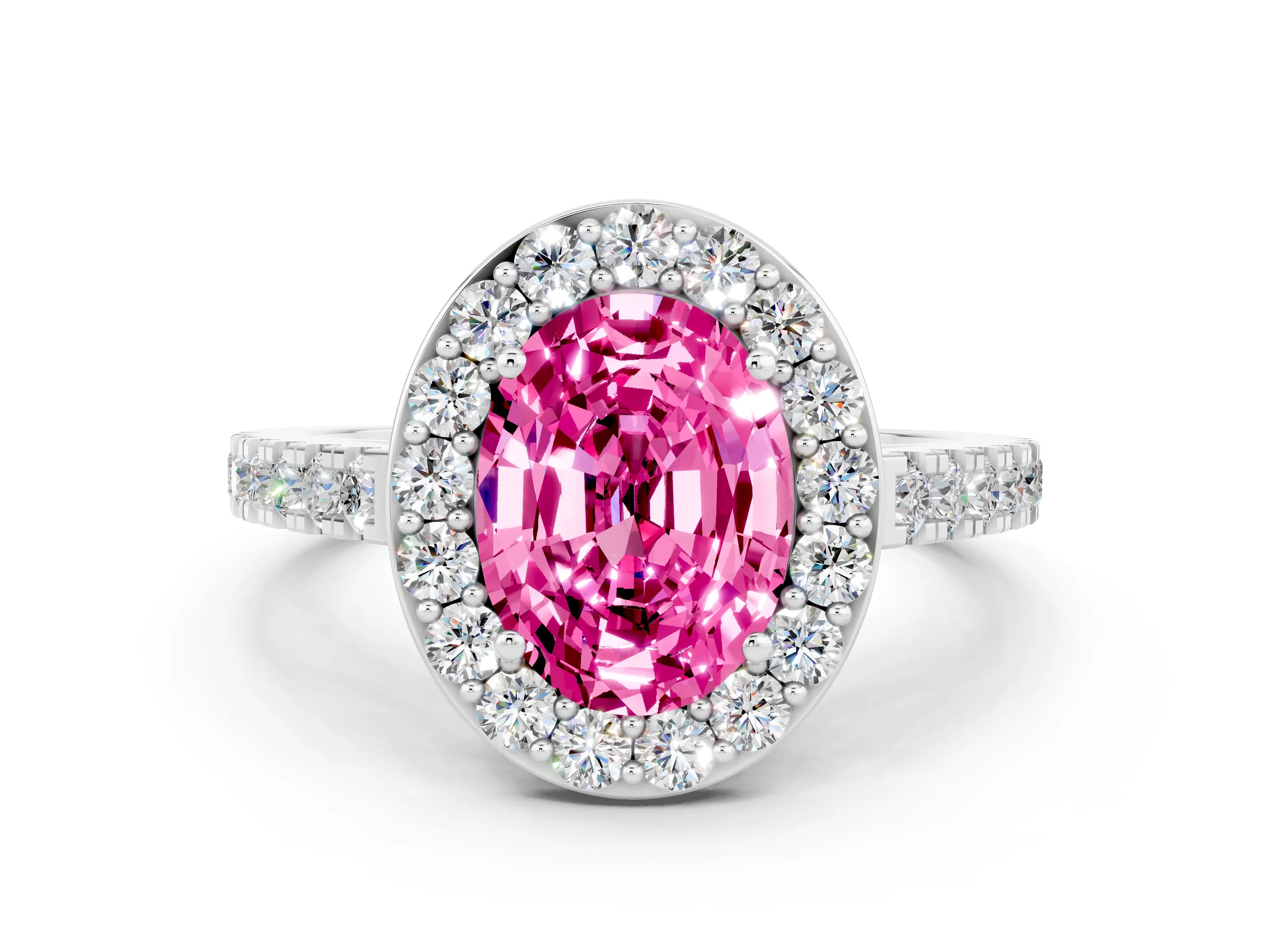 White gold Oval Cut Halo Diamond Ring with Pavé Band and Three-Prong Setting
