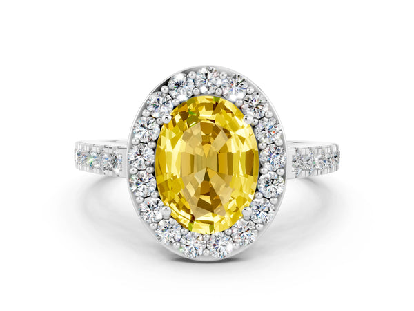 Platinum Oval Cut Yellow Sapphire Halo Ring with Round Pavé Split Shank and Prong Setting