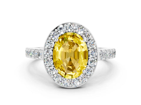 White gold Oval Cut Halo Diamond Ring with Pavé Band and Three-Prong Setting