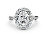 White gold Oval Cut Halo Diamond Ring with Pavé Band and Three-Prong Setting_48