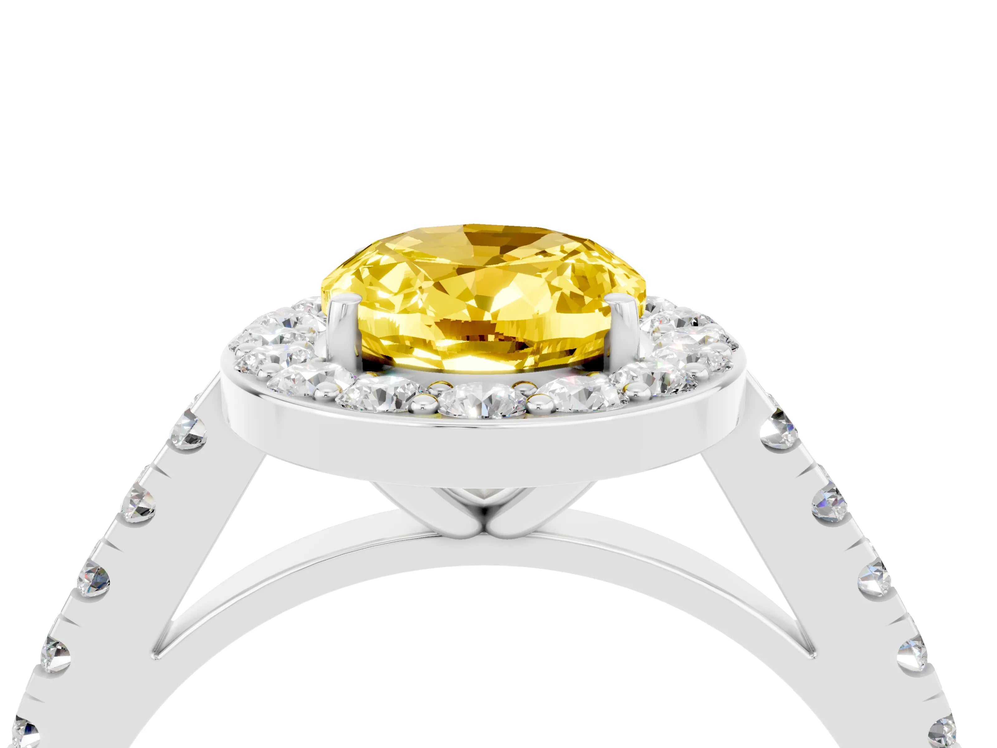 White gold Oval Cut Halo Diamond Ring with Pavé Band and Three-Prong Setting_4
