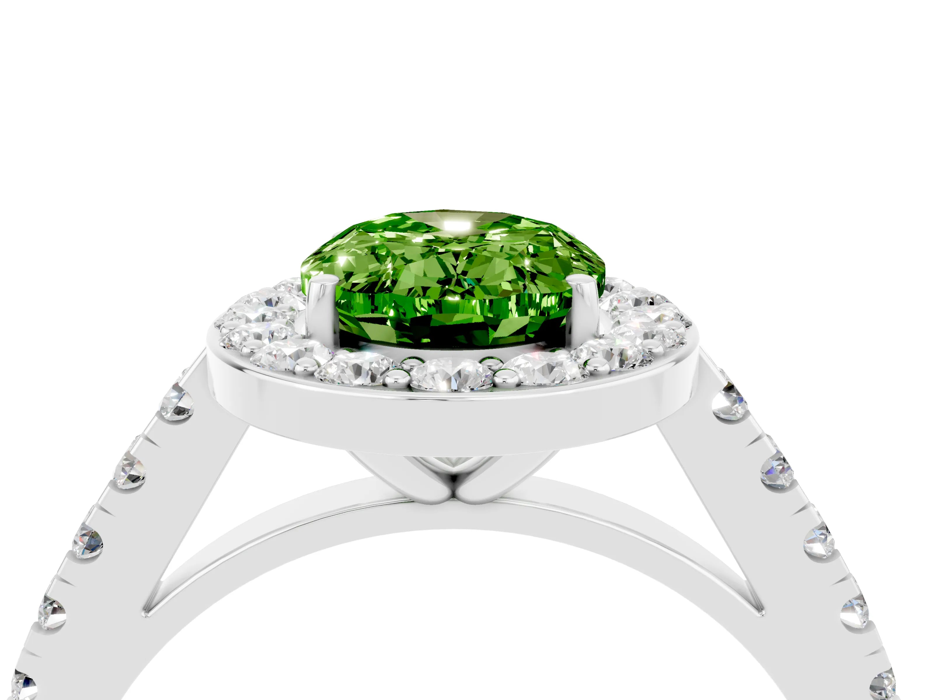 White gold Oval Cut Halo Diamond Ring with Pavé Band and Three-Prong Setting_4