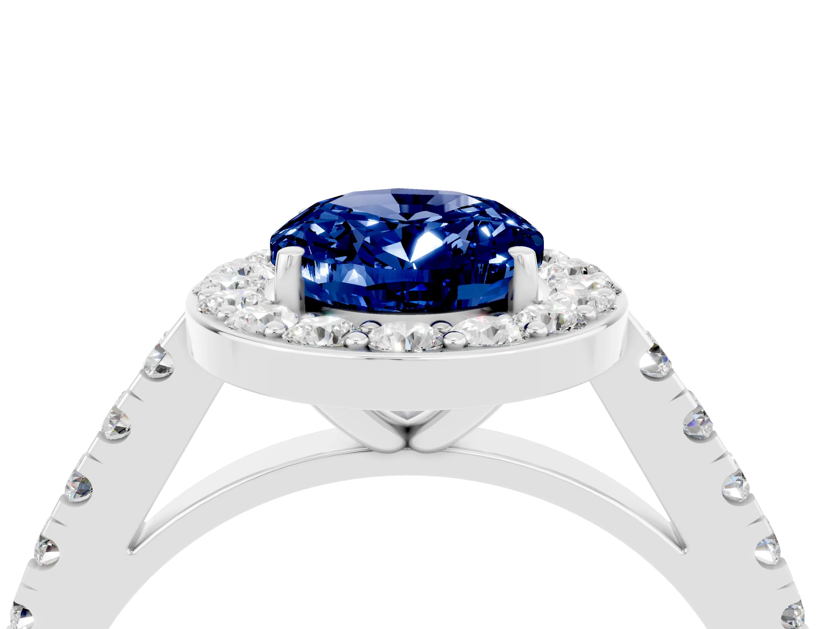 White gold Oval Cut Halo Diamond Ring with Pavé Band and Three-Prong Setting_4