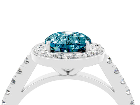 White gold Oval Cut Halo Diamond Ring with Pavé Band and Three-Prong Setting_4