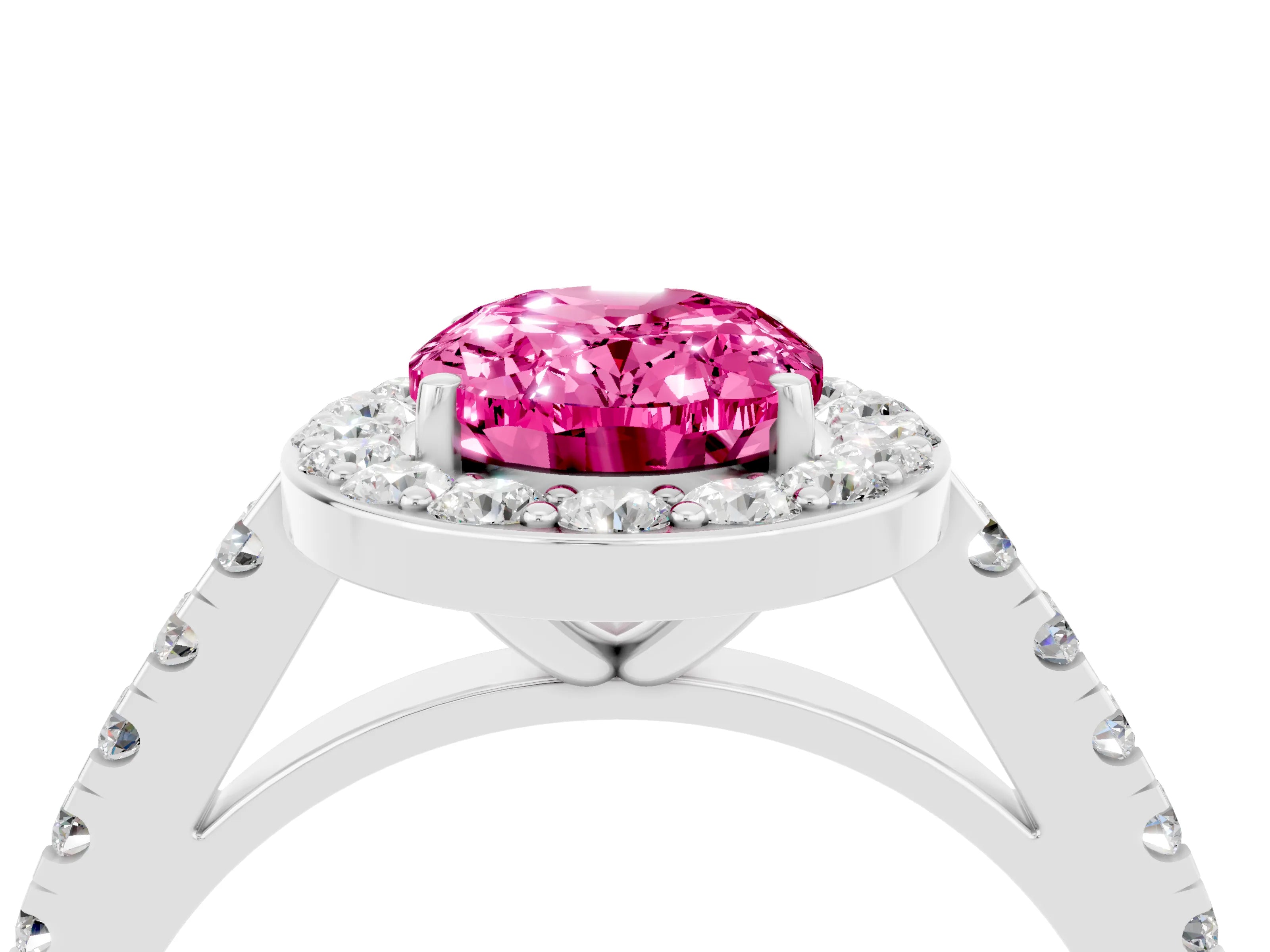 White gold Oval Cut Halo Diamond Ring with Pavé Band and Three-Prong Setting_4