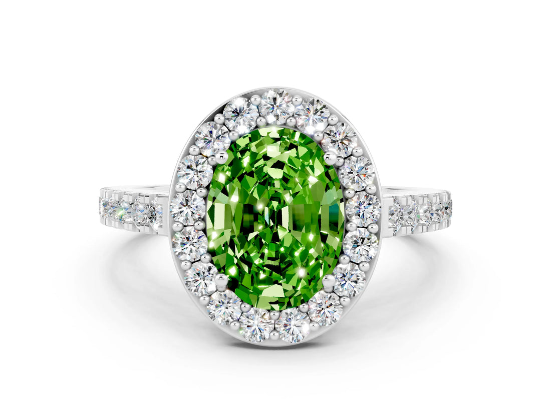 White gold Oval Cut Halo Diamond Ring with Pavé Band and Three-Prong Setting
