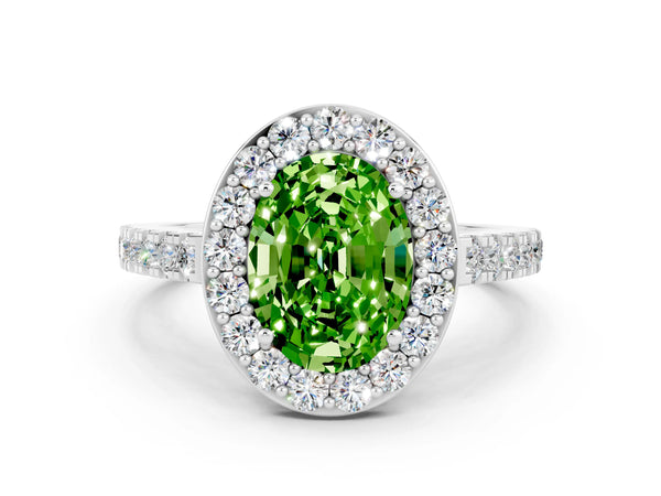 Platinum Oval Cut Halo Diamond Ring with Pavé Band and Three-Prong Setting