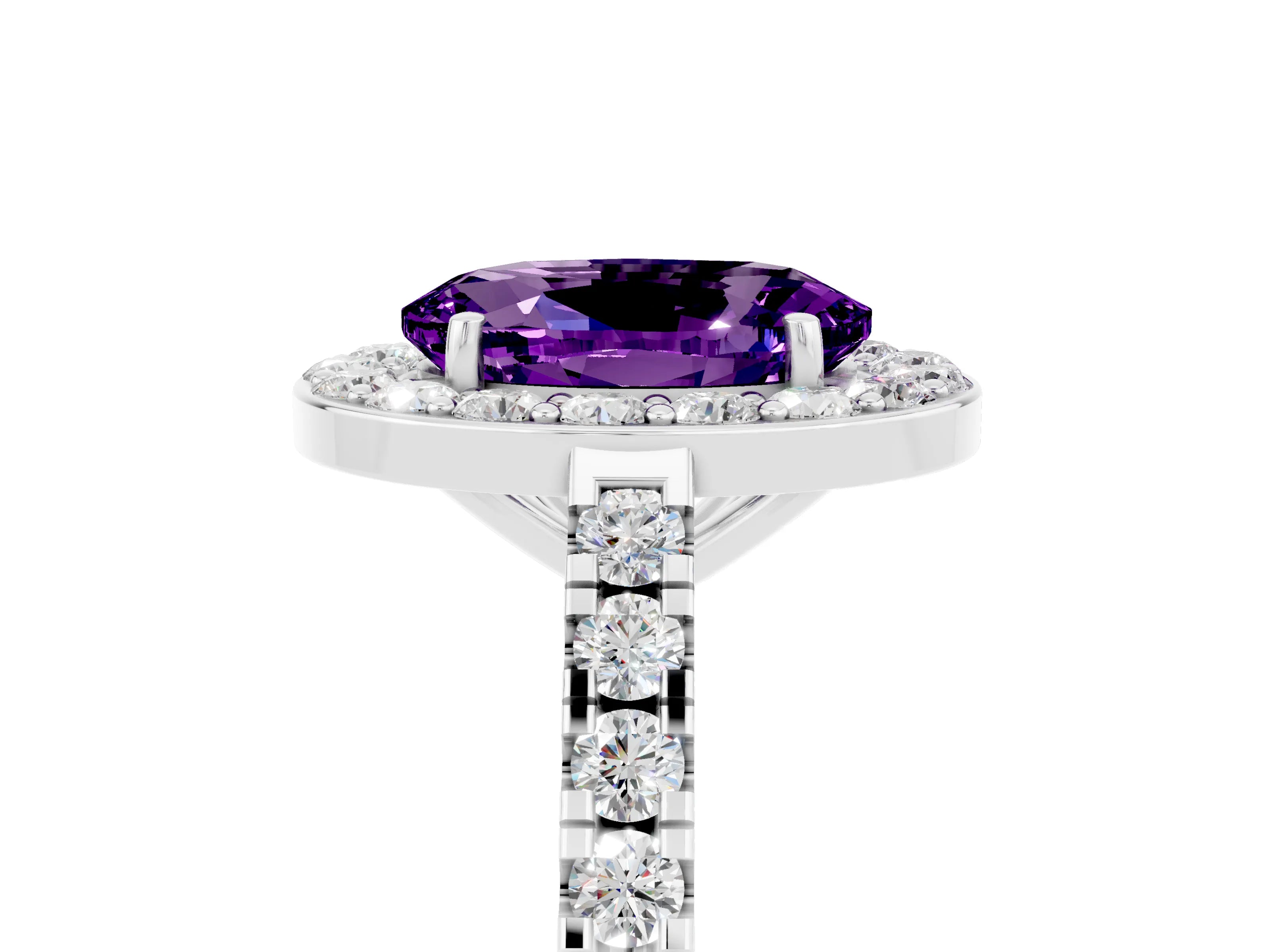 White gold Oval Cut Halo Diamond Ring with Pavé Band and Three-Prong Setting_5