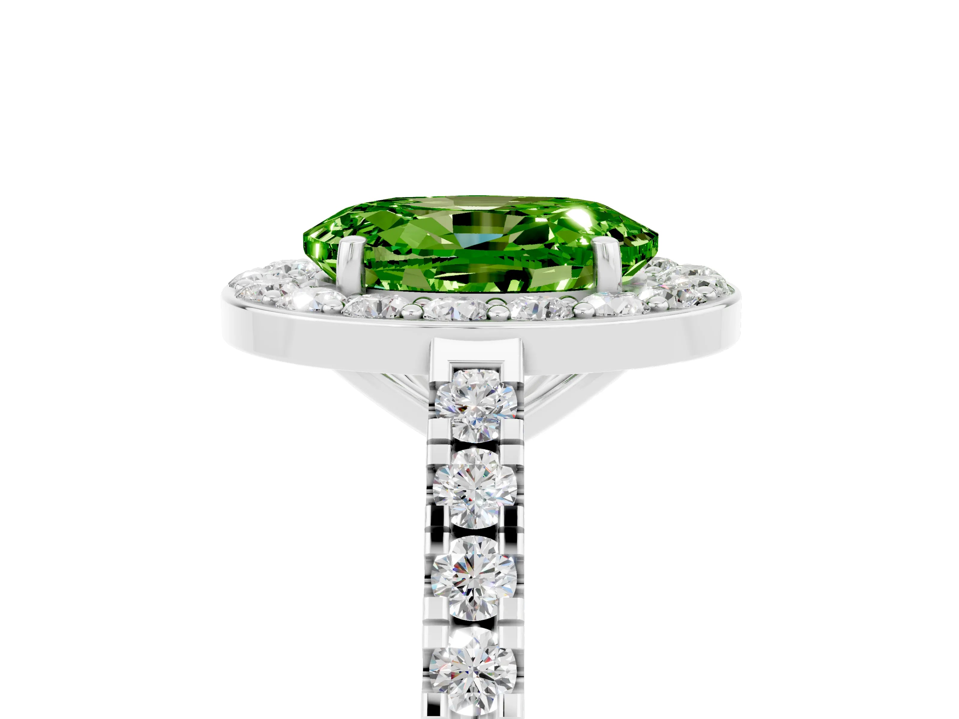 White gold Oval Cut Halo Diamond Ring with Pavé Band and Three-Prong Setting_5