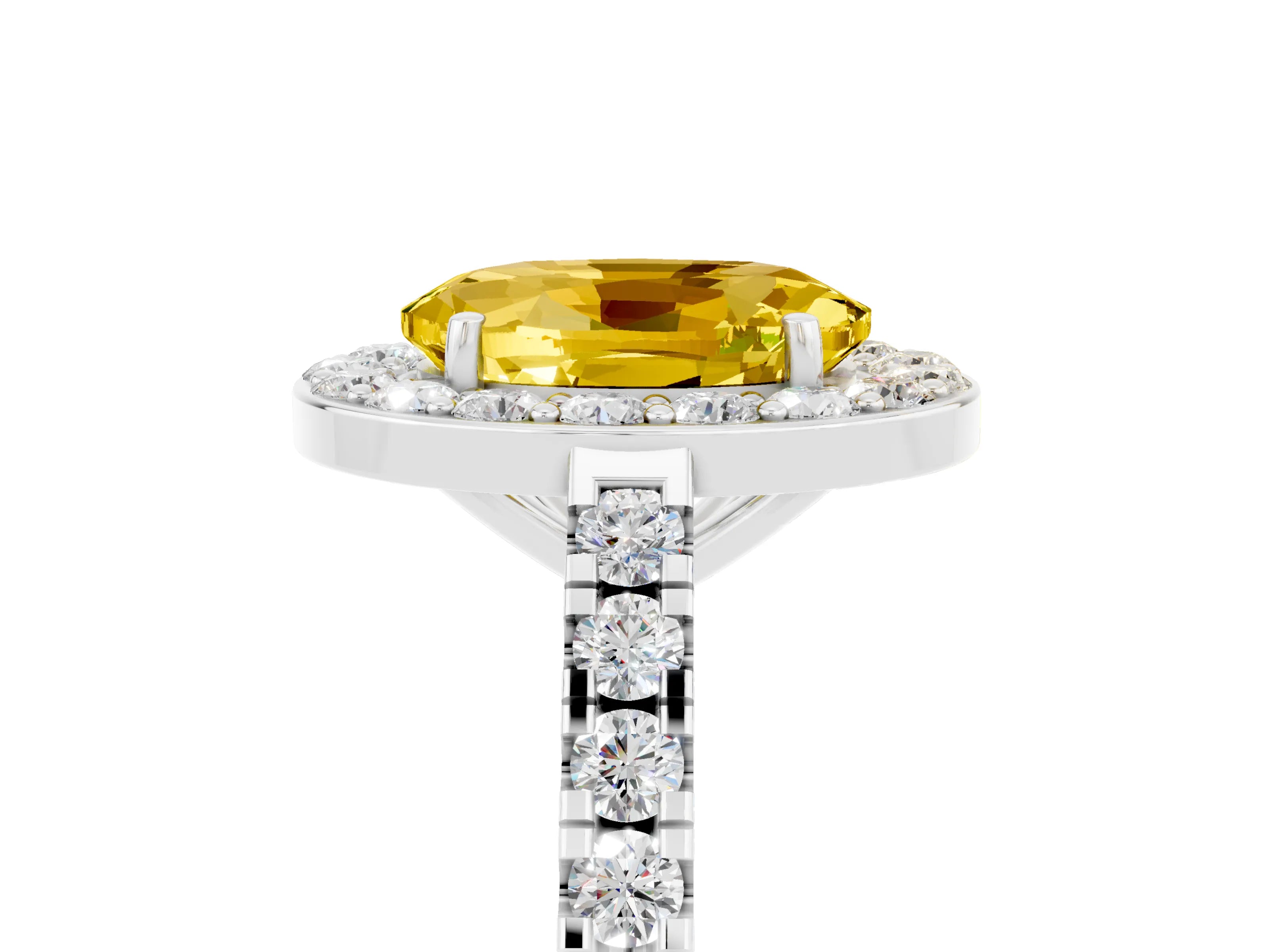 White gold Oval Cut Halo Diamond Ring with Pavé Band and Three-Prong Setting_5