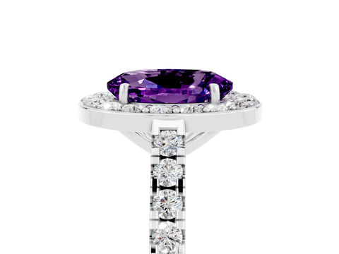 White gold Oval Cut Halo Diamond Ring with Pavé Band and Three-Prong Setting_5
