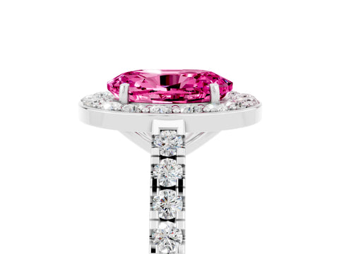 White gold Oval Cut Halo Diamond Ring with Pavé Band and Three-Prong Setting_5