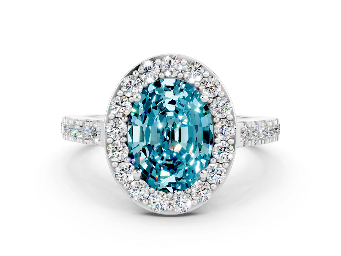 White gold Oval Cut Halo Diamond Ring with Pavé Band and Three-Prong Setting