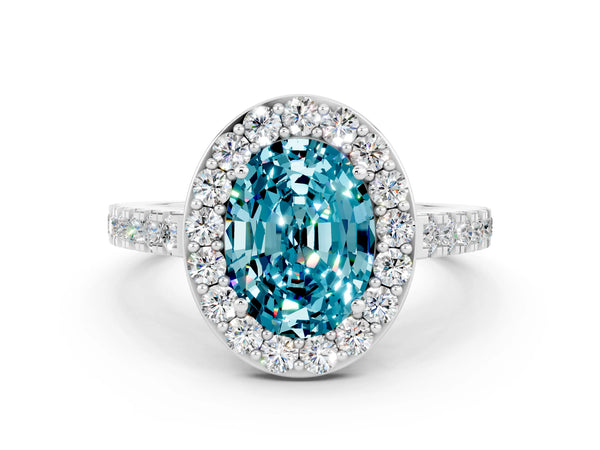 Silver Oval Cut Halo Diamond Ring with Pavé Band and Three-Prong Setting