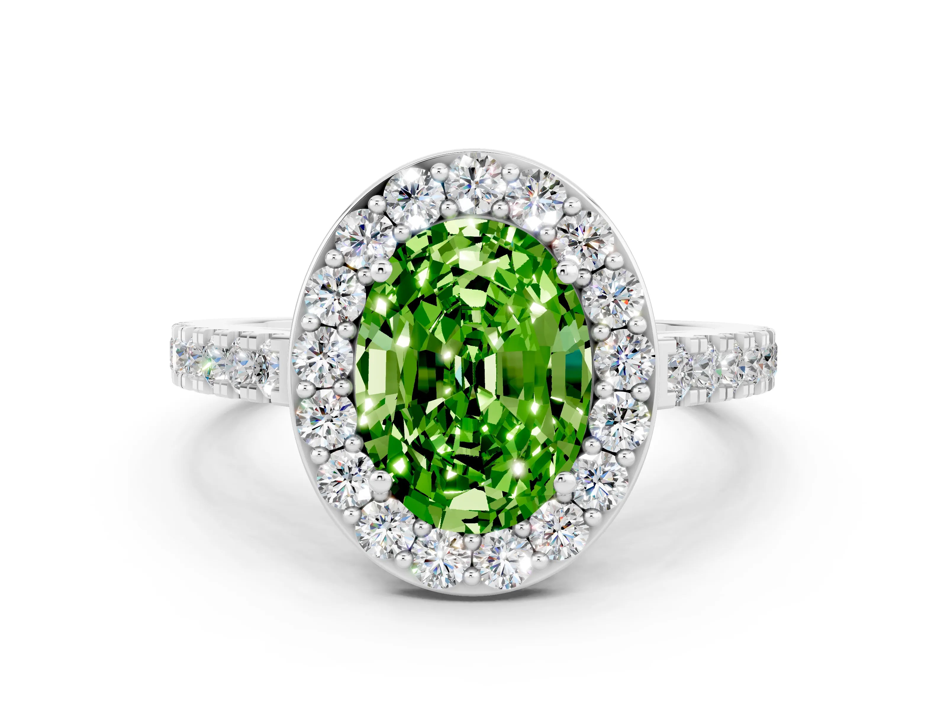 White gold Oval Cut Halo Diamond Ring with Pavé Band and Three-Prong Setting
