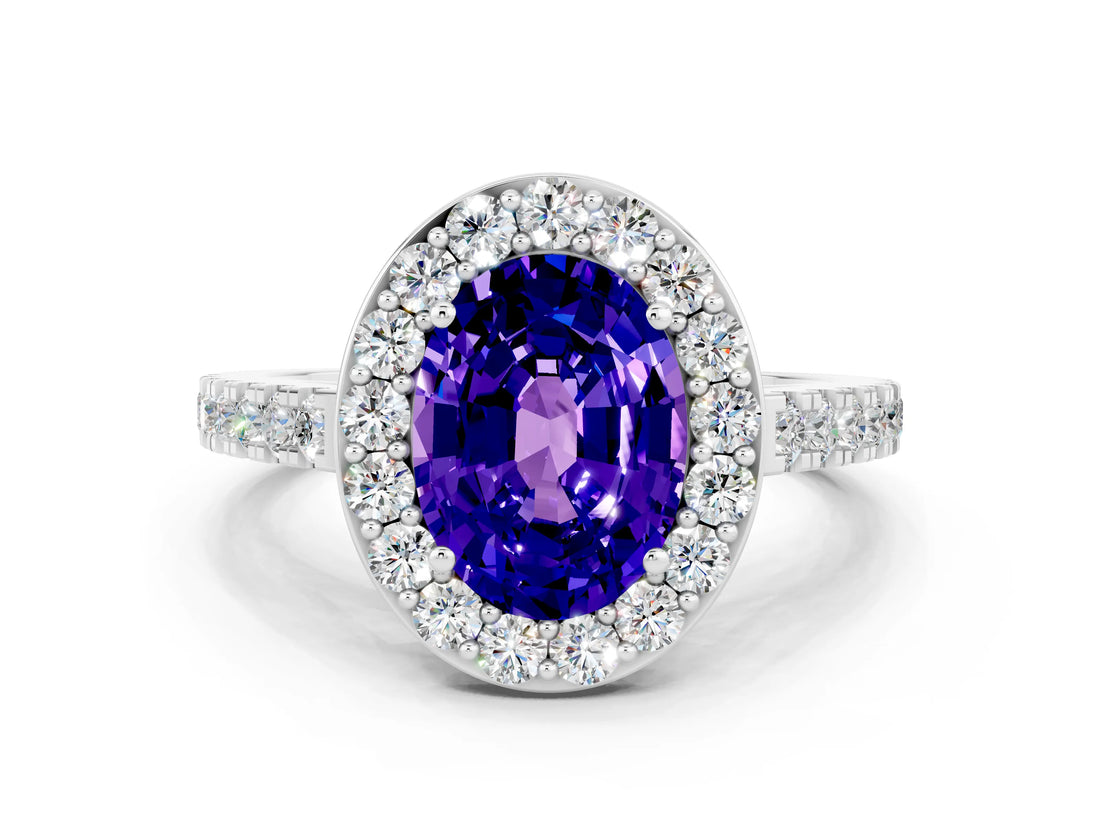 White gold Oval Cut Halo Diamond Ring with Pavé Band and Three-Prong Setting_8