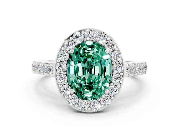 White gold Oval Cut Green Sapphire Halo Ring with Round Pavé Split Shank and Prong Setting