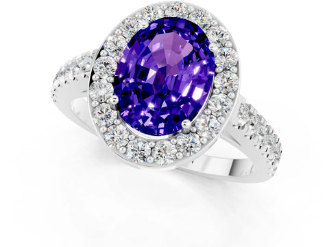 White gold Oval Cut Halo Diamond Ring with Pavé Band and Three-Prong Setting_9