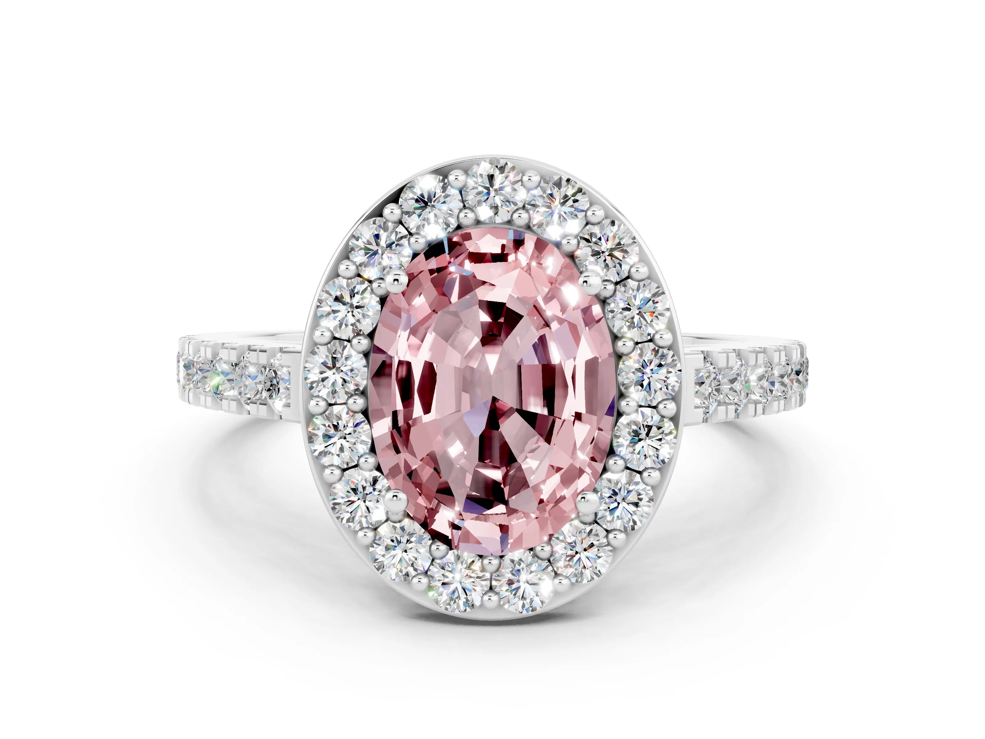 White gold Oval Cut Halo Diamond Ring with Pavé Band and Three-Prong Setting
