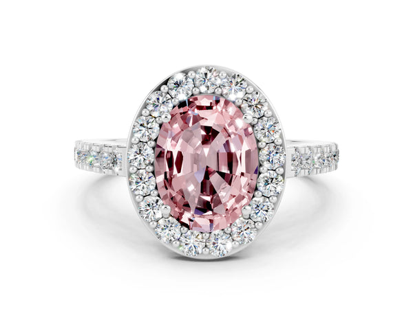 White gold Oval Cut Halo Diamond Ring with Pavé Band and Three-Prong Setting