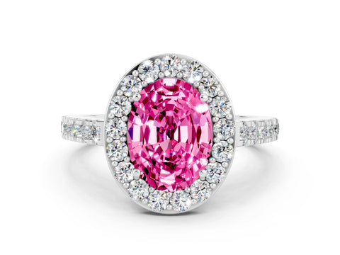 White gold Oval Cut Halo Diamond Ring with Pavé Band and Three-Prong Setting