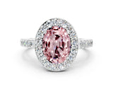 White gold Oval Cut Halo Diamond Ring with Pavé Band and Three-Prong Setting