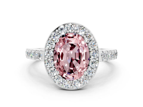White gold Oval Cut Halo Diamond Ring with Pavé Band and Three-Prong Setting