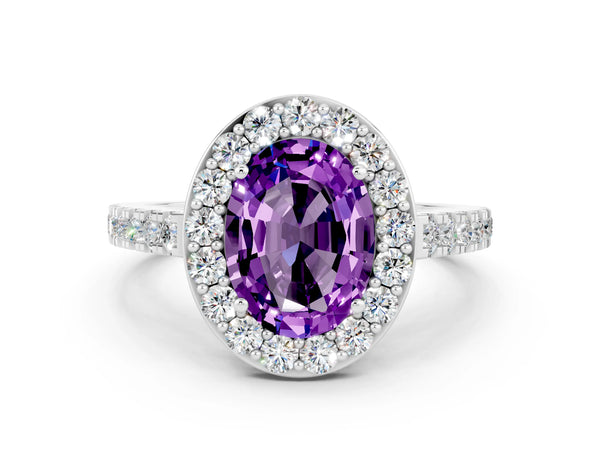 Silver Oval Cut Amethyst Halo Ring with Round Pavé Split Shank and Prong Setting