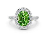 White gold Oval Cut Halo Diamond Ring with Pavé Band and Three-Prong Setting