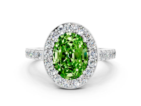 White gold Oval Cut Halo Diamond Ring with Pavé Band and Three-Prong Setting