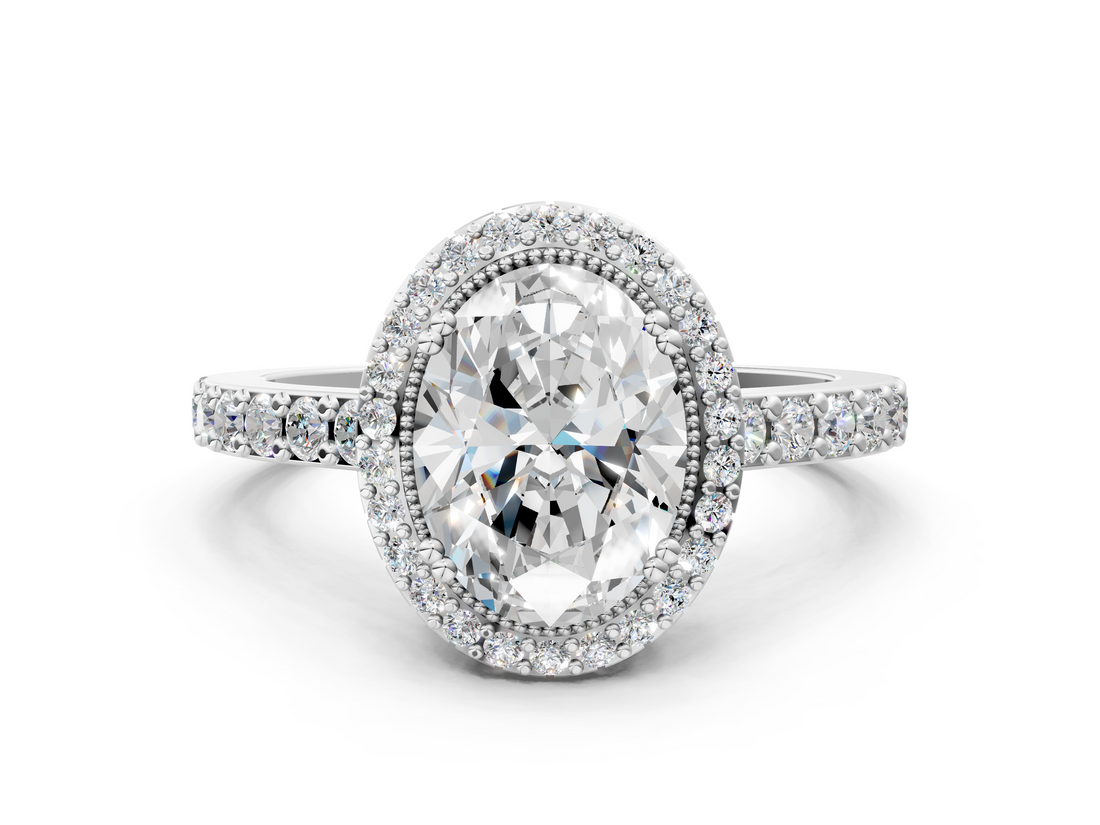 White gold Oval Cut Halo Diamond Ring with Pave Band and Four-Prong Setting_49