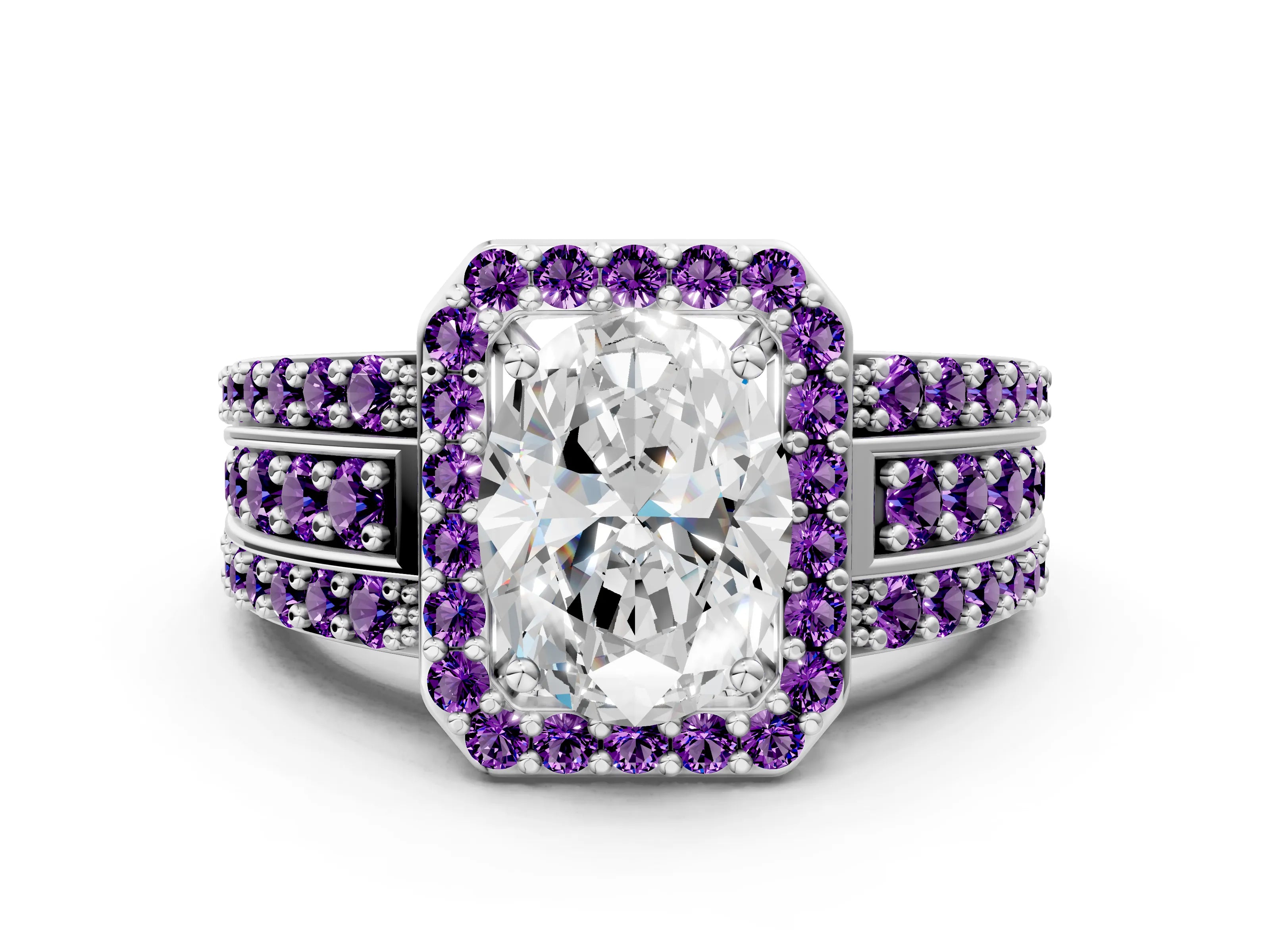 White gold Oval Cut Halo Diamond Ring with Round with Amethyst side stone Split Shank and Prong Setting_24