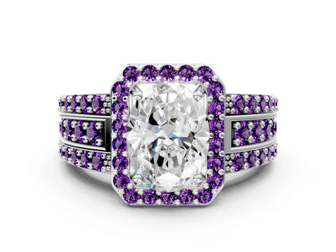 White gold Oval Cut Halo Diamond Ring with Round with Amethyst side stone Split Shank and Prong Setting_24