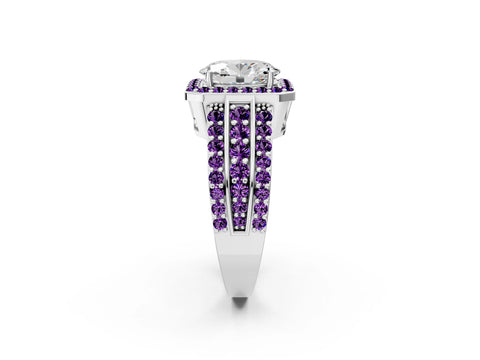 White gold Oval Cut Halo Diamond Ring with Round with Amethyst side stone Split Shank and Prong Setting_26