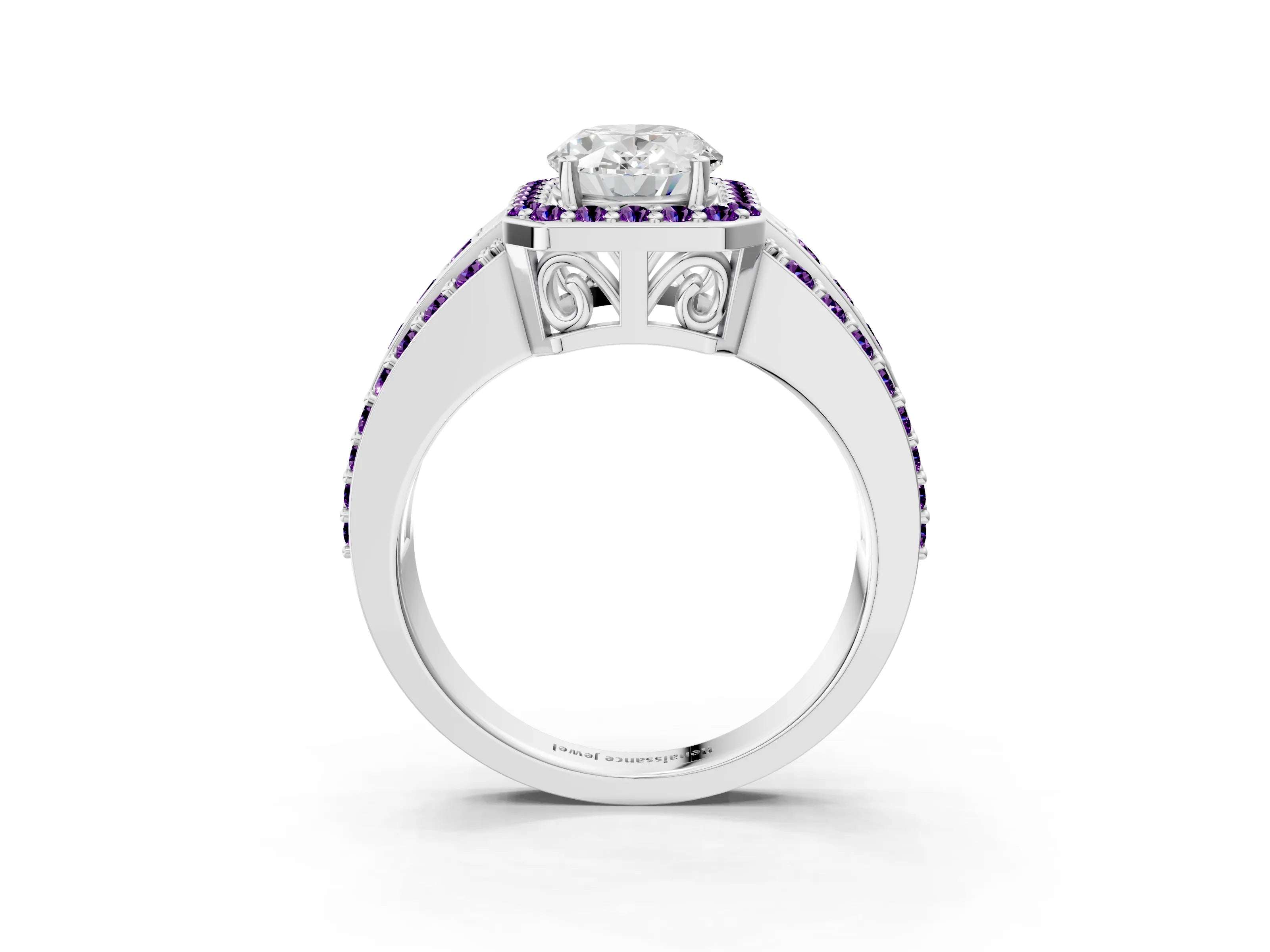 White gold Oval Cut Halo Diamond Ring with Round with Amethyst side stone Split Shank and Prong Setting_27