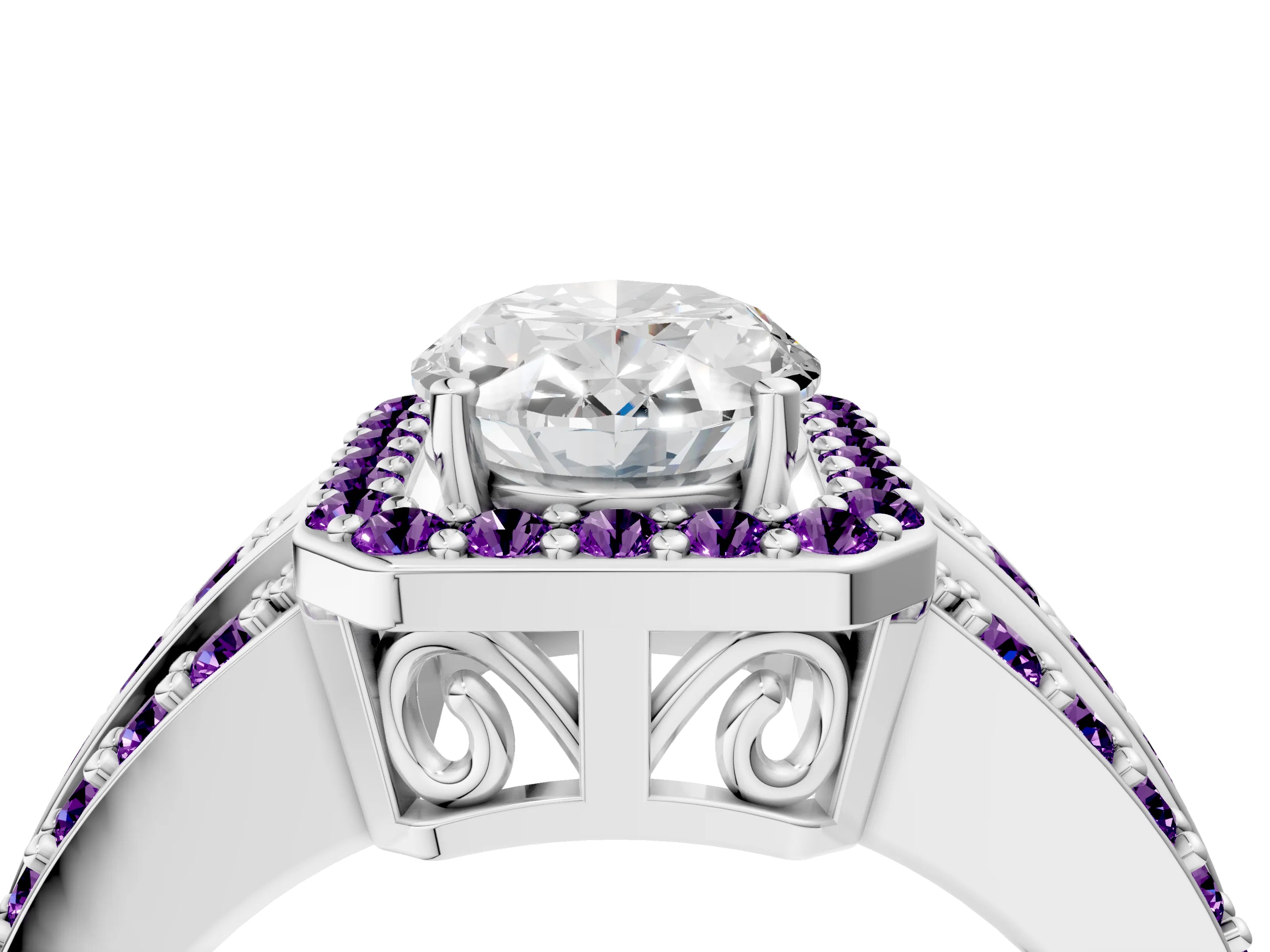 White gold Oval Cut Halo Diamond Ring with Round with Amethyst side stone Split Shank and Prong Setting_28