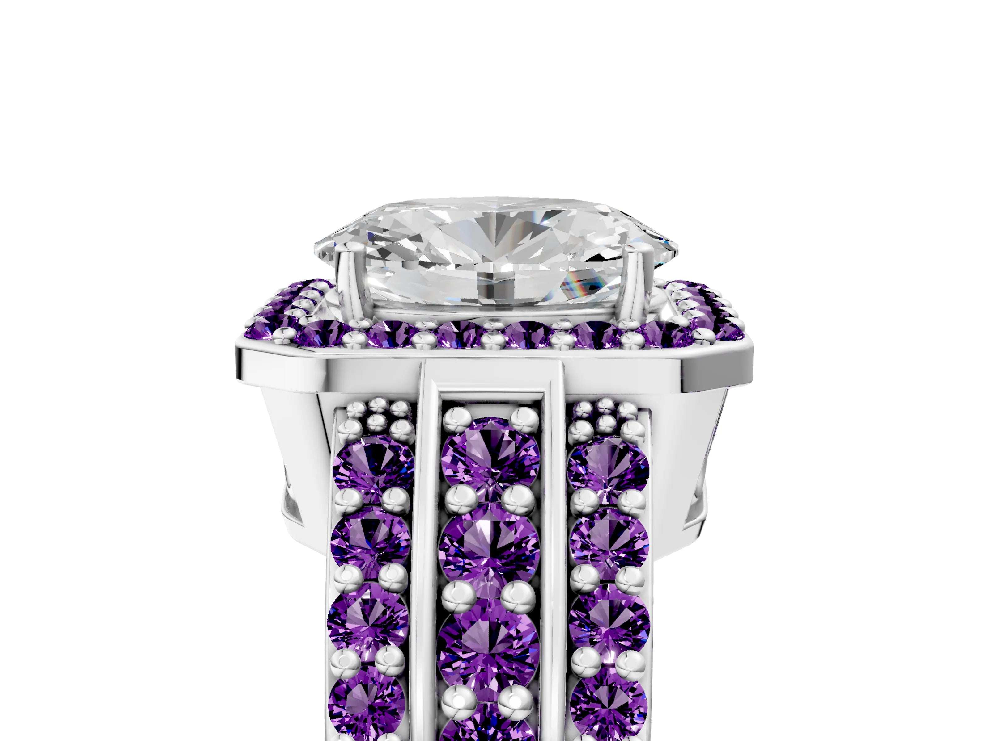 White gold Oval Cut Halo Diamond Ring with Round with Amethyst side stone Split Shank and Prong Setting_29