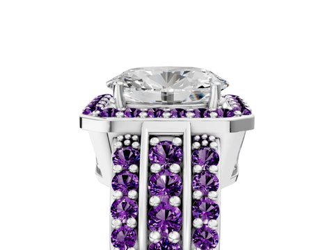 White gold Oval Cut Halo Diamond Ring with Round with Amethyst side stone Split Shank and Prong Setting_29